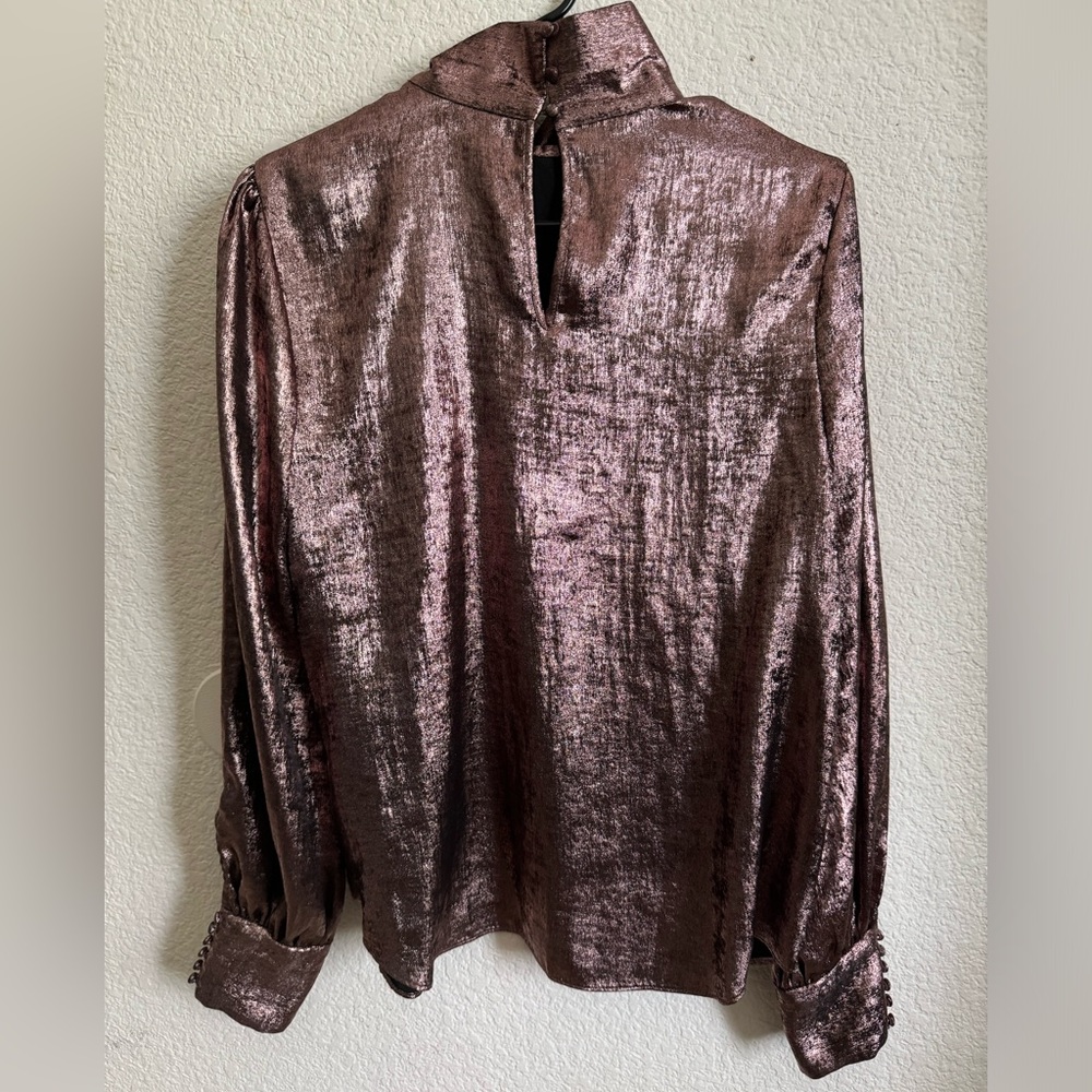 Shiny Metallic Chocolate Brown Rose Gold Longsleeve Top Blouse w/ Bow Accent - Picture 4 of 9